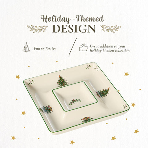 Spode Christmas Tree salsa serving platter keeps flavors distinct.