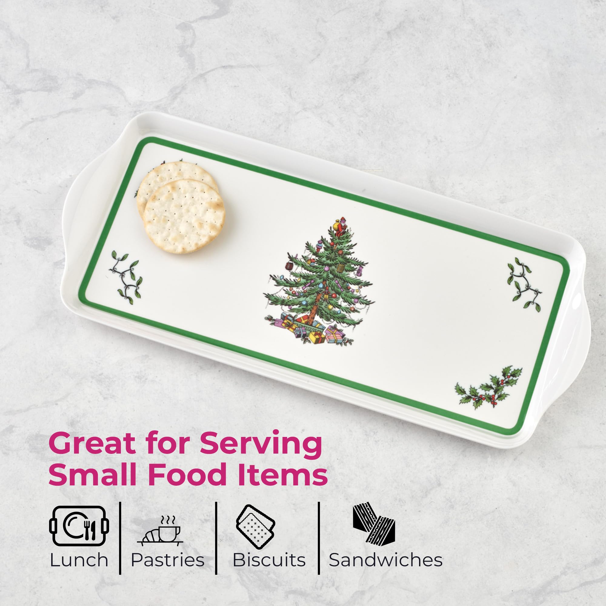 Spode Christmas Tree tray size reference showing 15.1 by 6.5 inches.