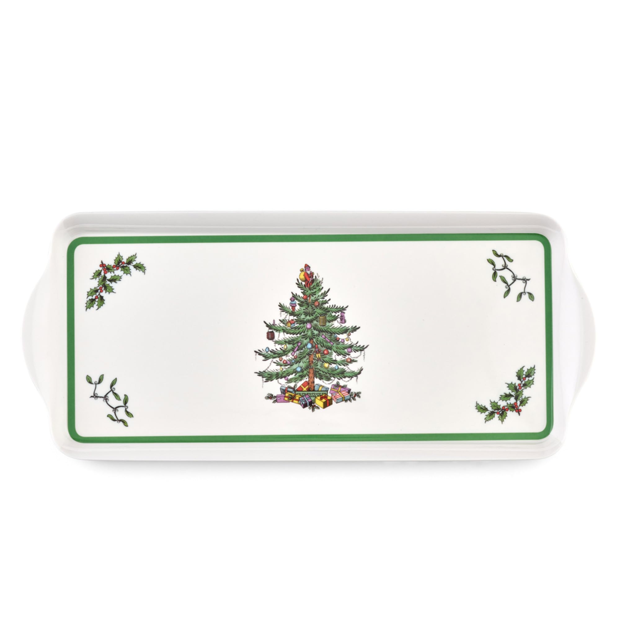 Spode Christmas Tree sandwich tray front view, durable melamine for festive entertaining.