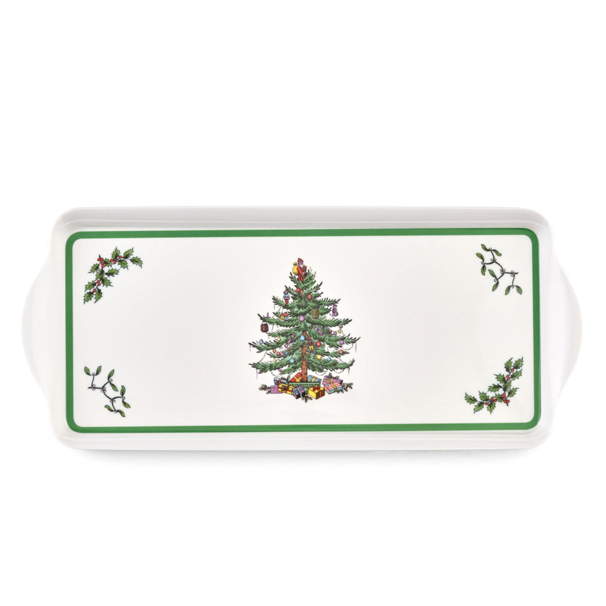 Spode Christmas Tree sandwich tray front view, durable melamine for festive entertaining.