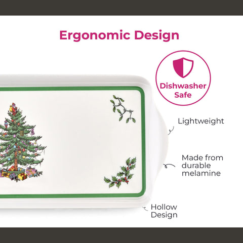 Spode tray styled with matching holiday placemats and decorations.