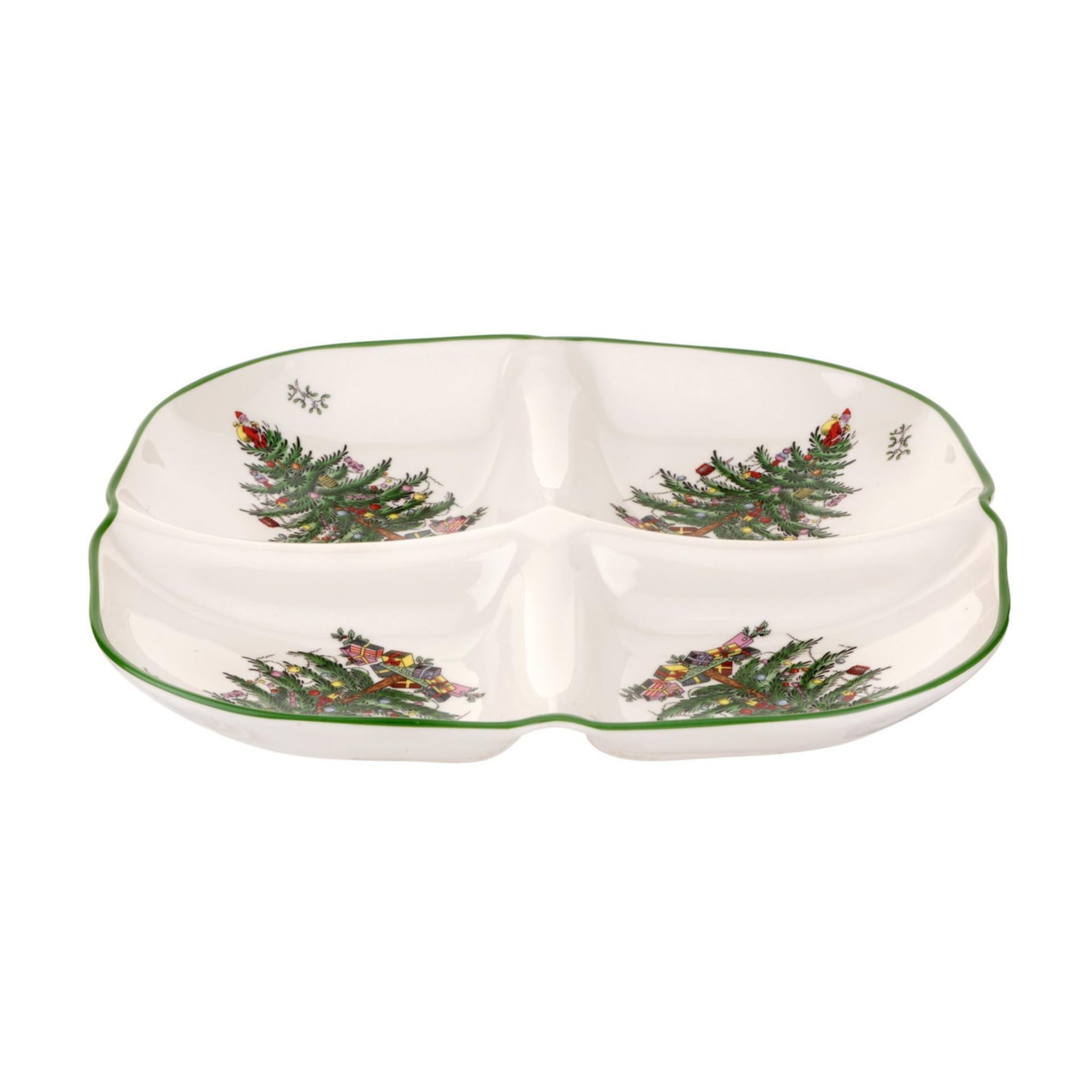 Spode Christmas Tree Sculpted 4-Section Tray highlights festive divider for snacks and condiments.