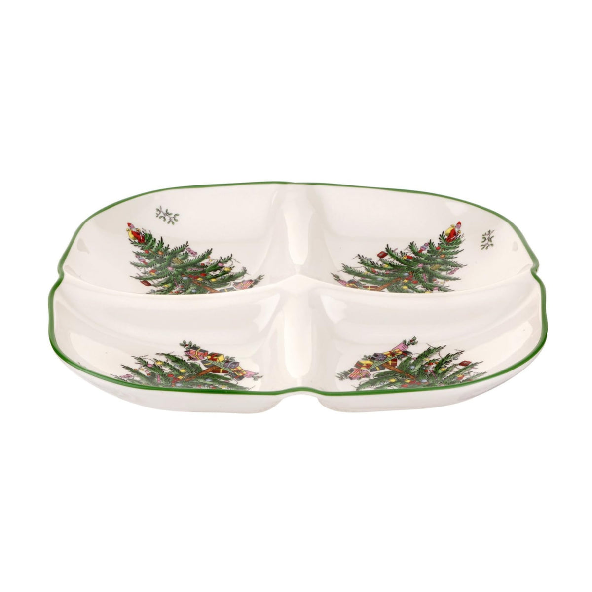 Spode Christmas Tree Sculpted 4-Section Tray highlights festive divider for snacks and condiments.