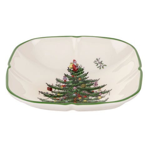 Spode Christmas Tree Sculpted Square Dish for appetizers on a festive table