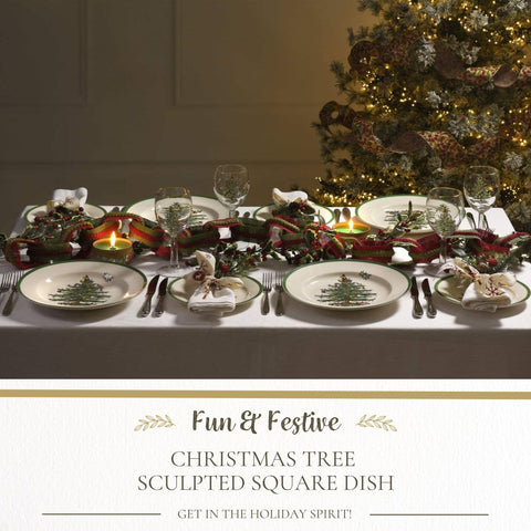 Spode Christmas Tree Sculpted Square Dish showcasing desserts for holiday entertaining