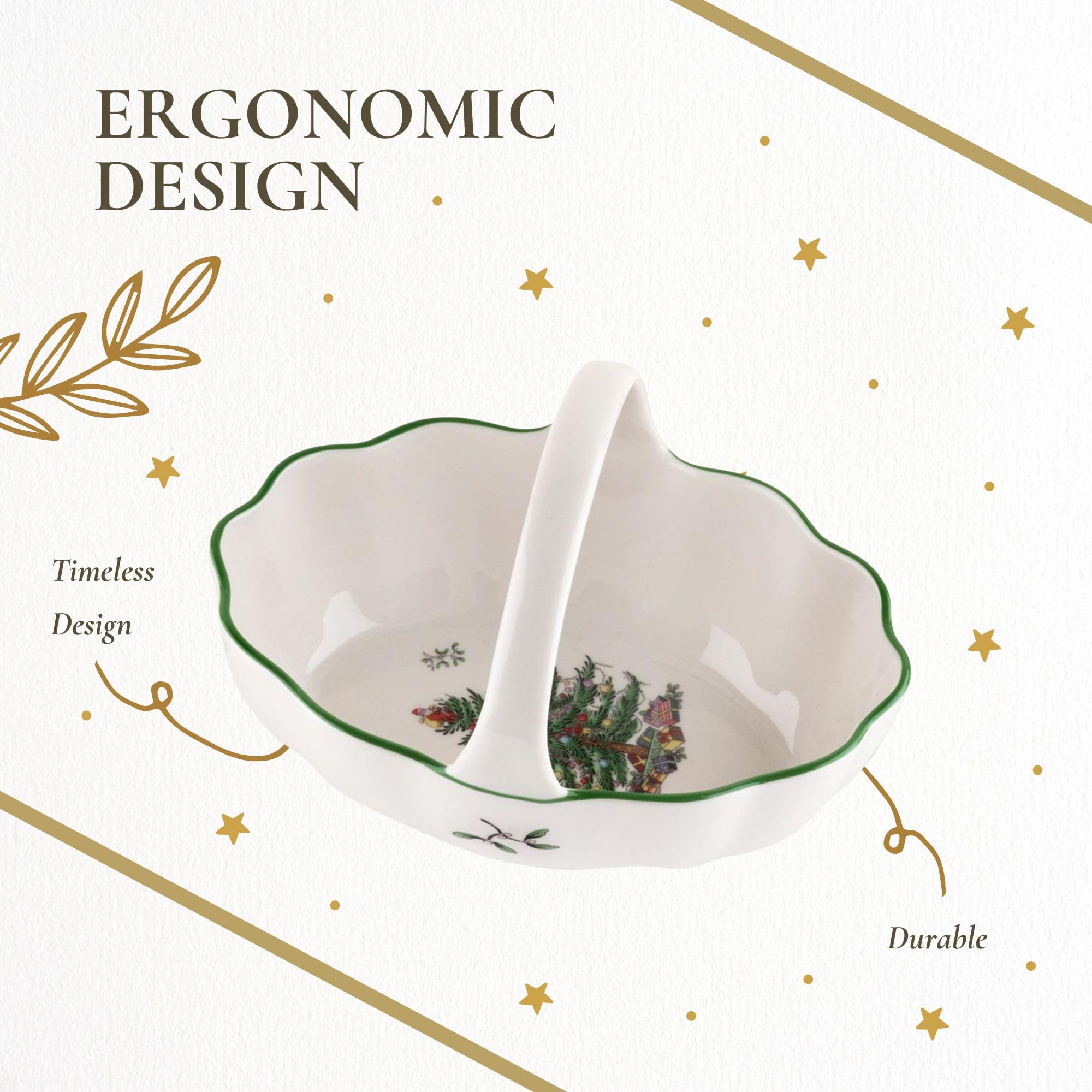 Spode Christmas Tree basket paired with plates for a cohesive tablescape.