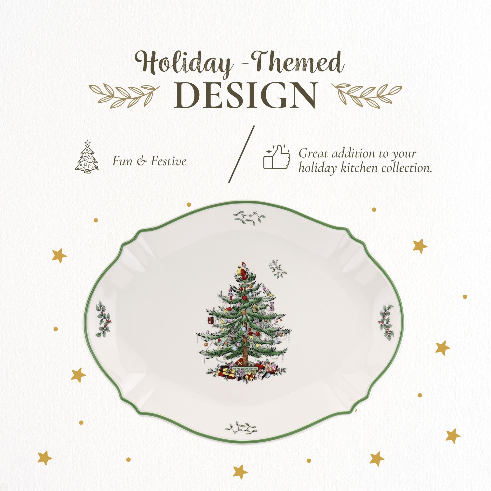 Spode Christmas Tree platter in use with snacks at a table