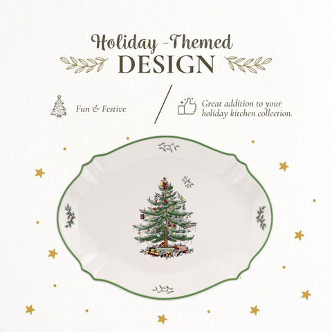 Spode Christmas Tree platter in use with snacks at a table