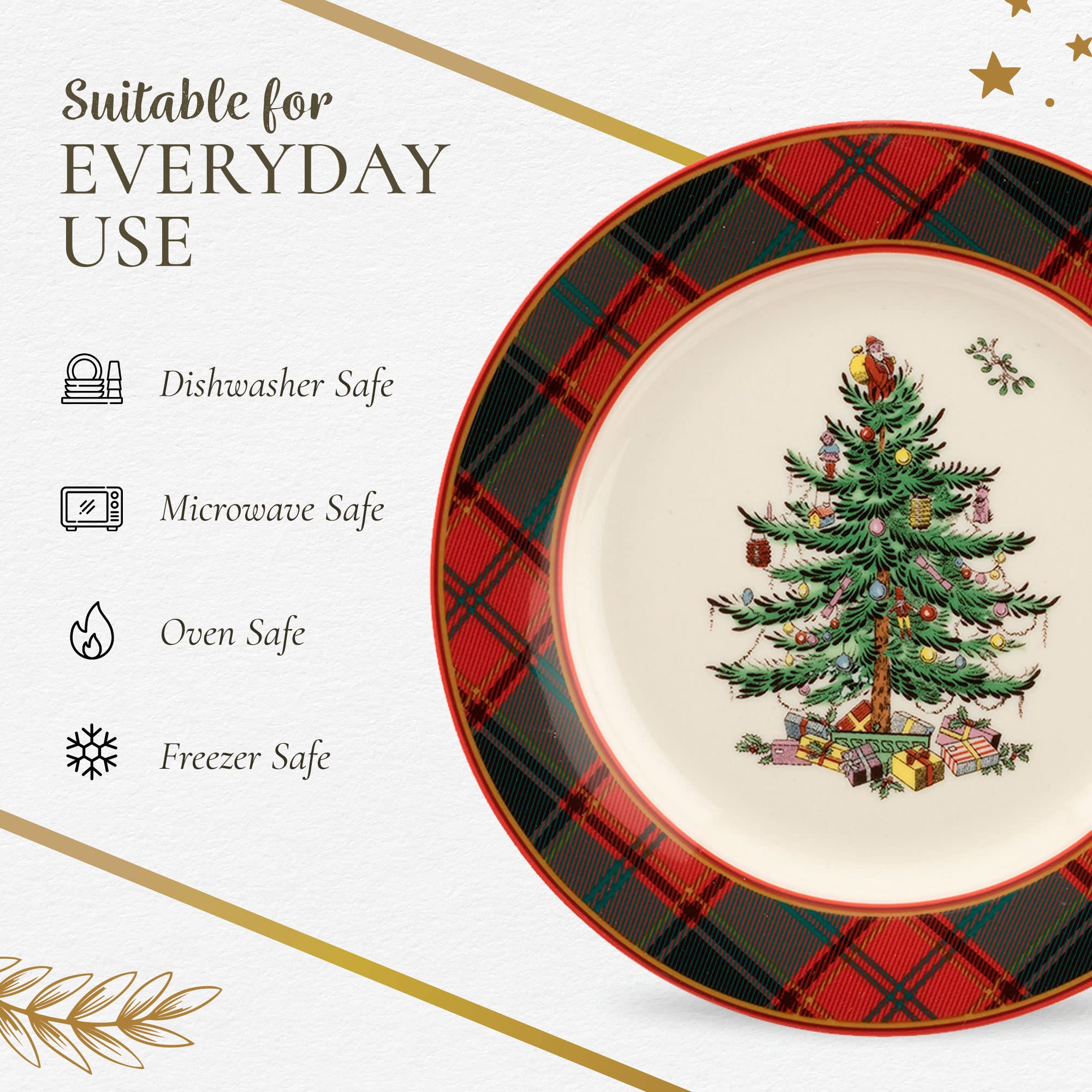 Spode tartan accents enrich tablescapes with warm holiday vibes.