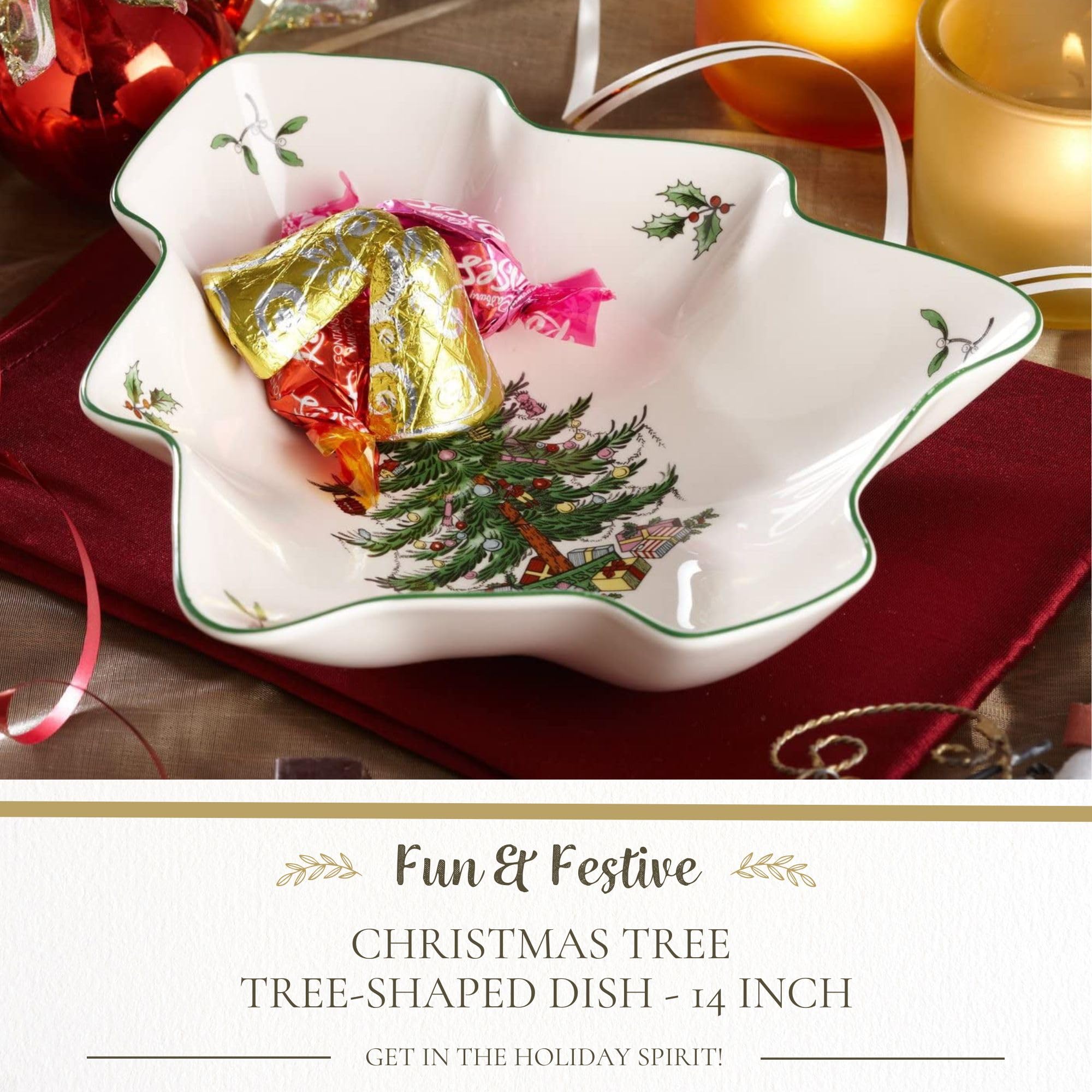 Spode Christmas Tree tree-shaped design on fine porcelain for elegant holiday tables.