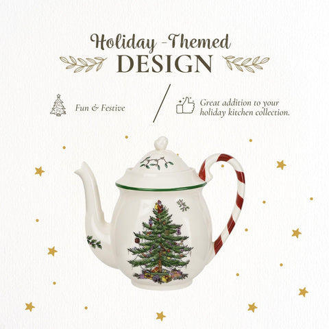 Spode earthenware teapot, durable design with even heat for cozy holiday servings.