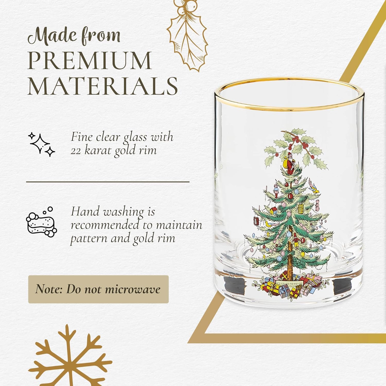 Spode festive glassware with gold rims enhances holiday toasts