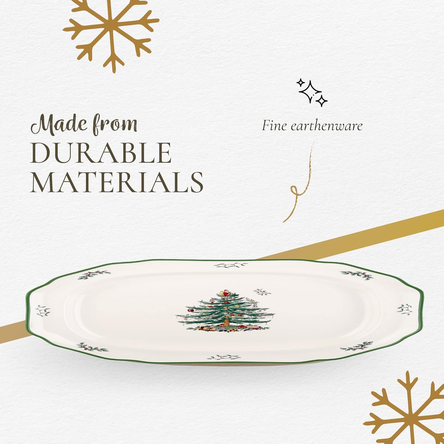 Spode porcelain platter with sculpted edge adds elegant holiday charm.
