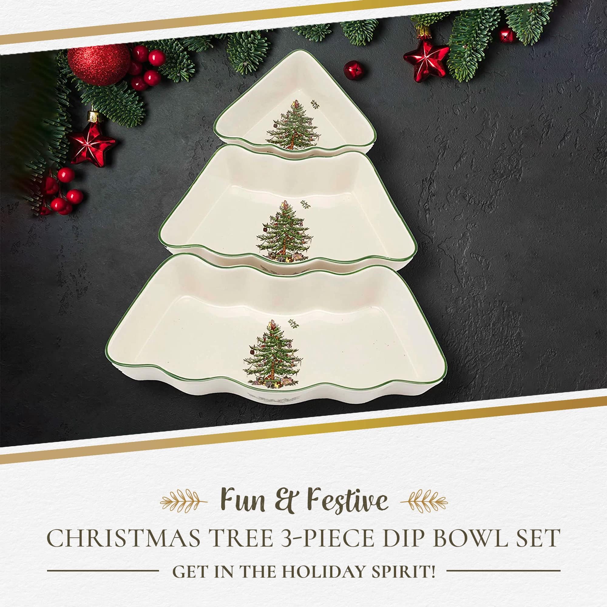 Spode ceramic dipping bowls with Christmas tree motif ideal for holiday sauces.
