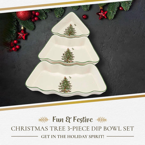 Spode ceramic dipping bowls with Christmas tree motif ideal for holiday sauces.