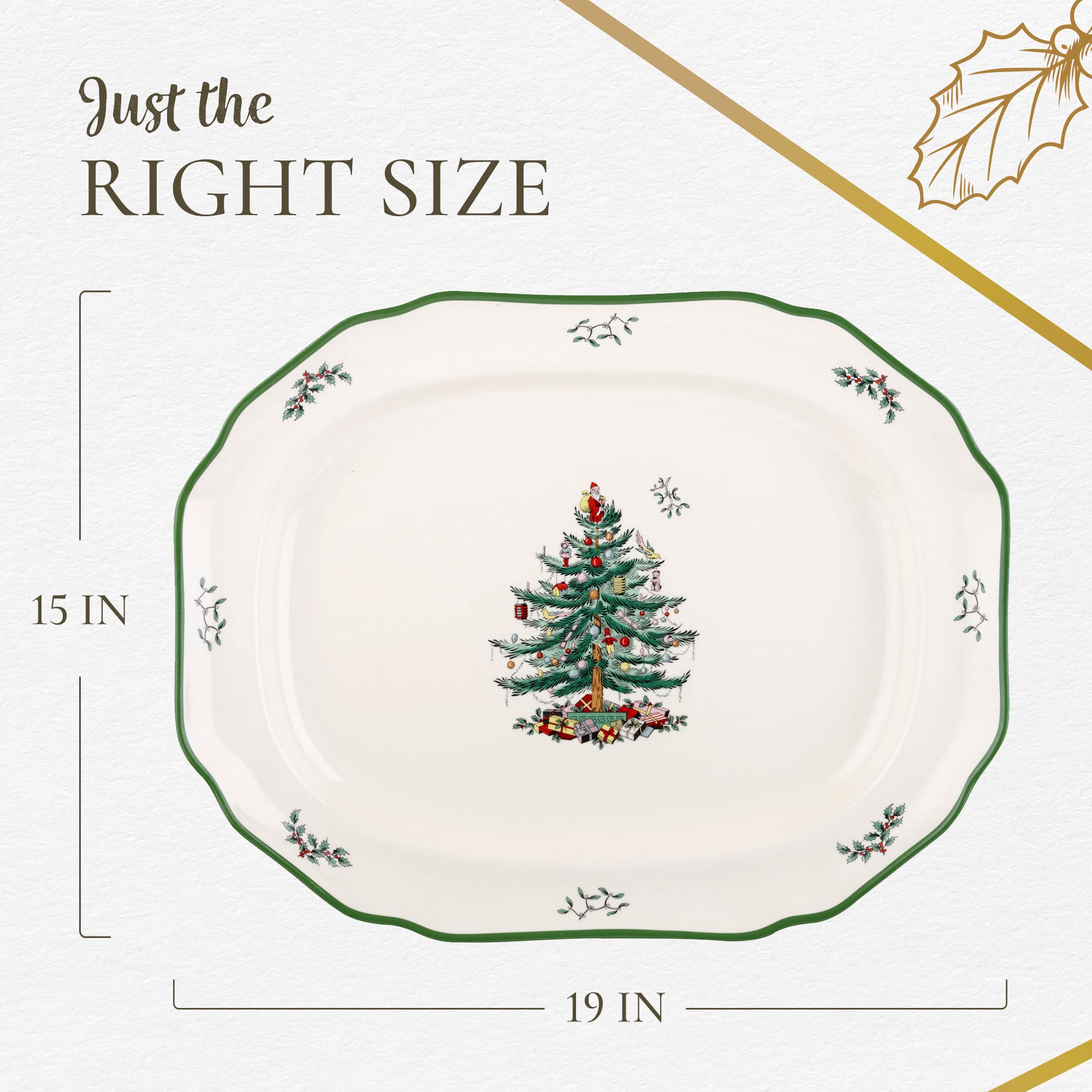 Spode Christmas Tree serving platter supports stylish holiday centerpiece setups.