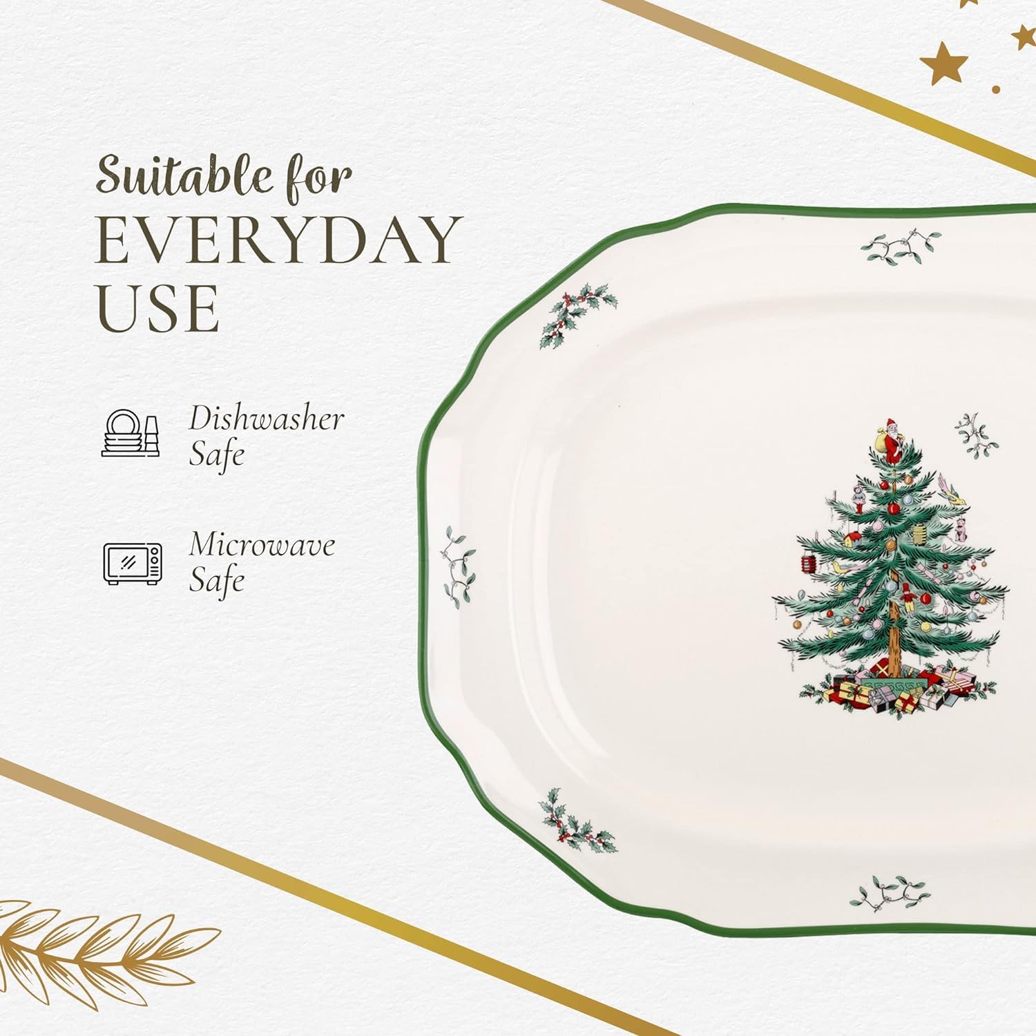 Spode Christmas Tree tray is microwave-safe for quick reheats.