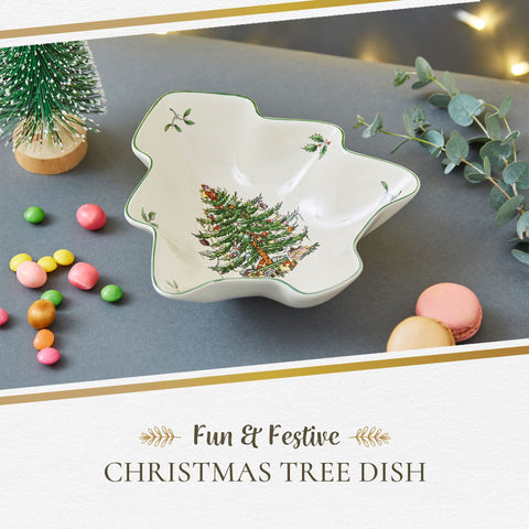 Spode tree-shaped bowl highlights classic pattern in festive snack presentation.