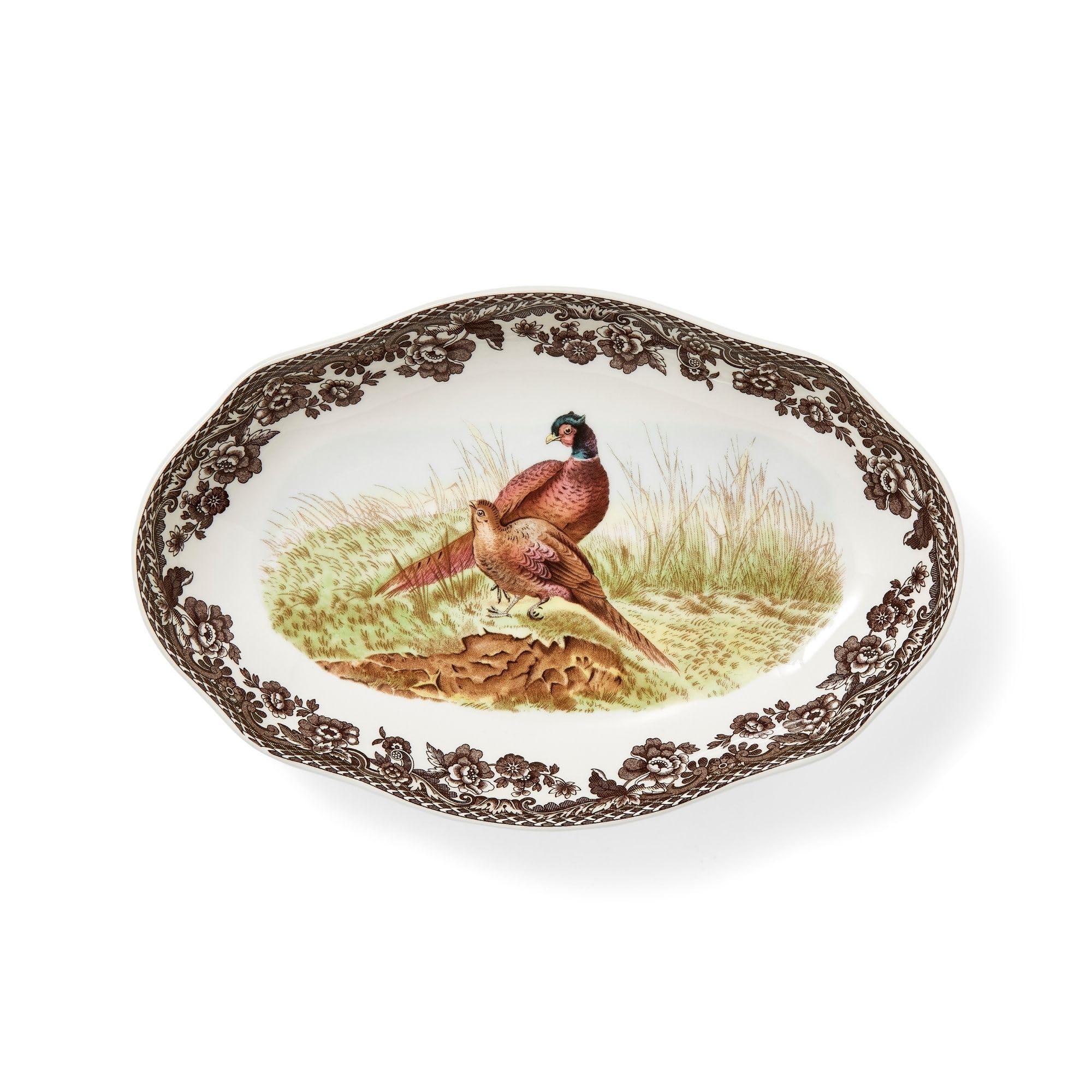 Spode Woodland Pheasant Pickle Dish with pheasant motif border for festive table styling.