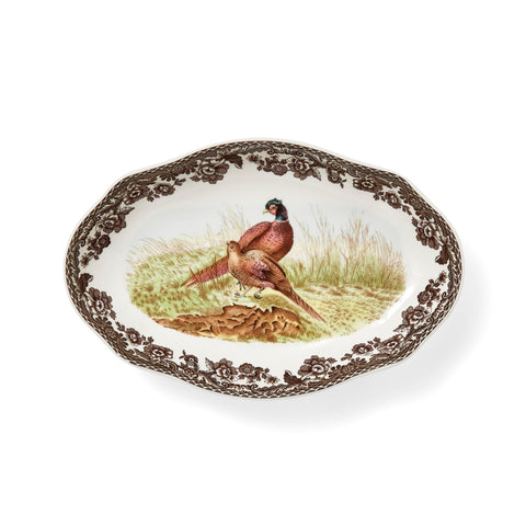 Spode Woodland Pheasant Pickle Dish with pheasant motif border for festive table styling.