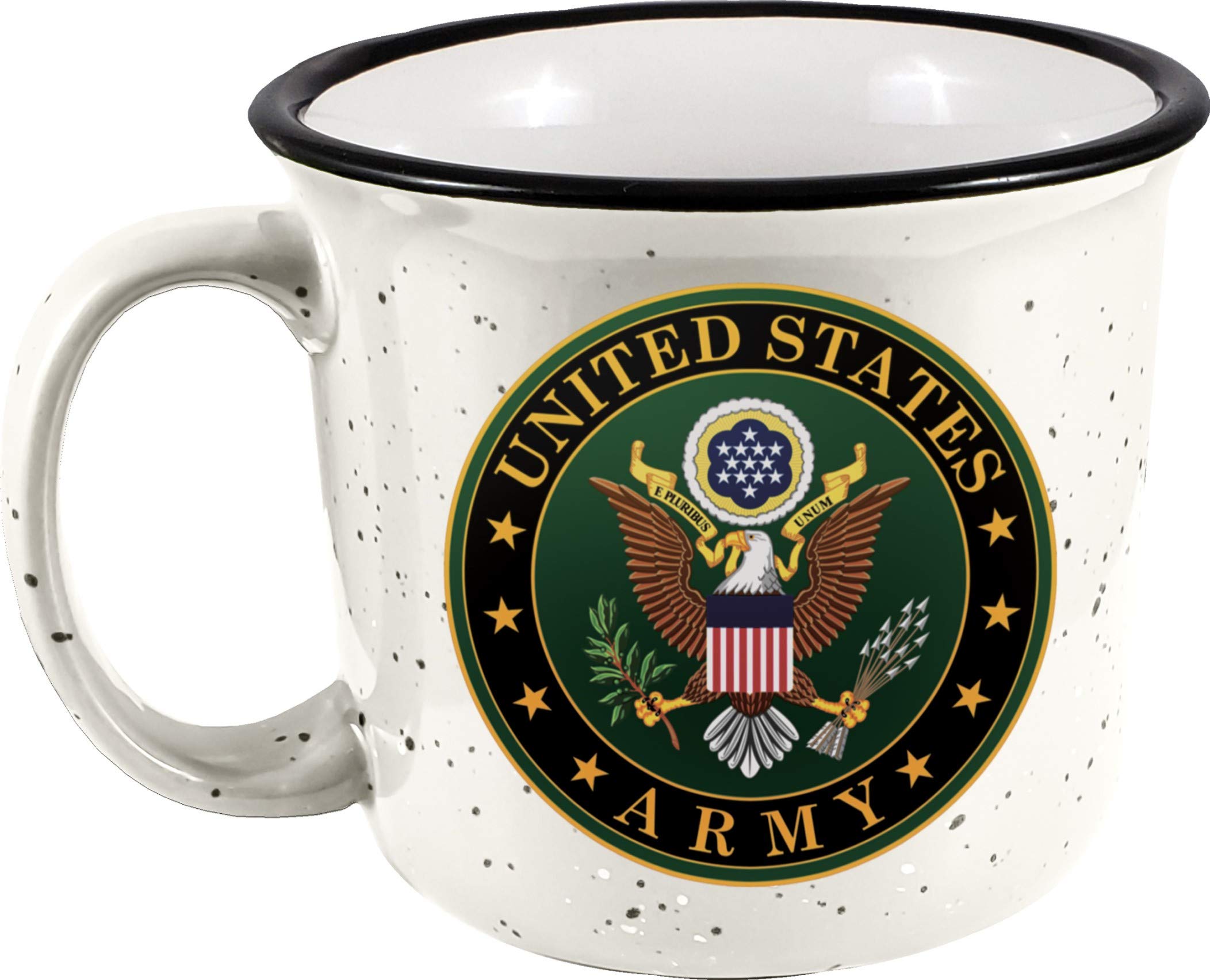 Spoontiques Army camper mug, 14 oz, microwave and dishwasher safe for hot or cold beverages.