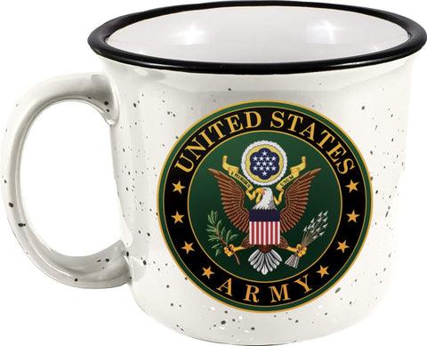 Spoontiques Army camper mug, 14 oz, microwave and dishwasher safe for hot or cold beverages.
