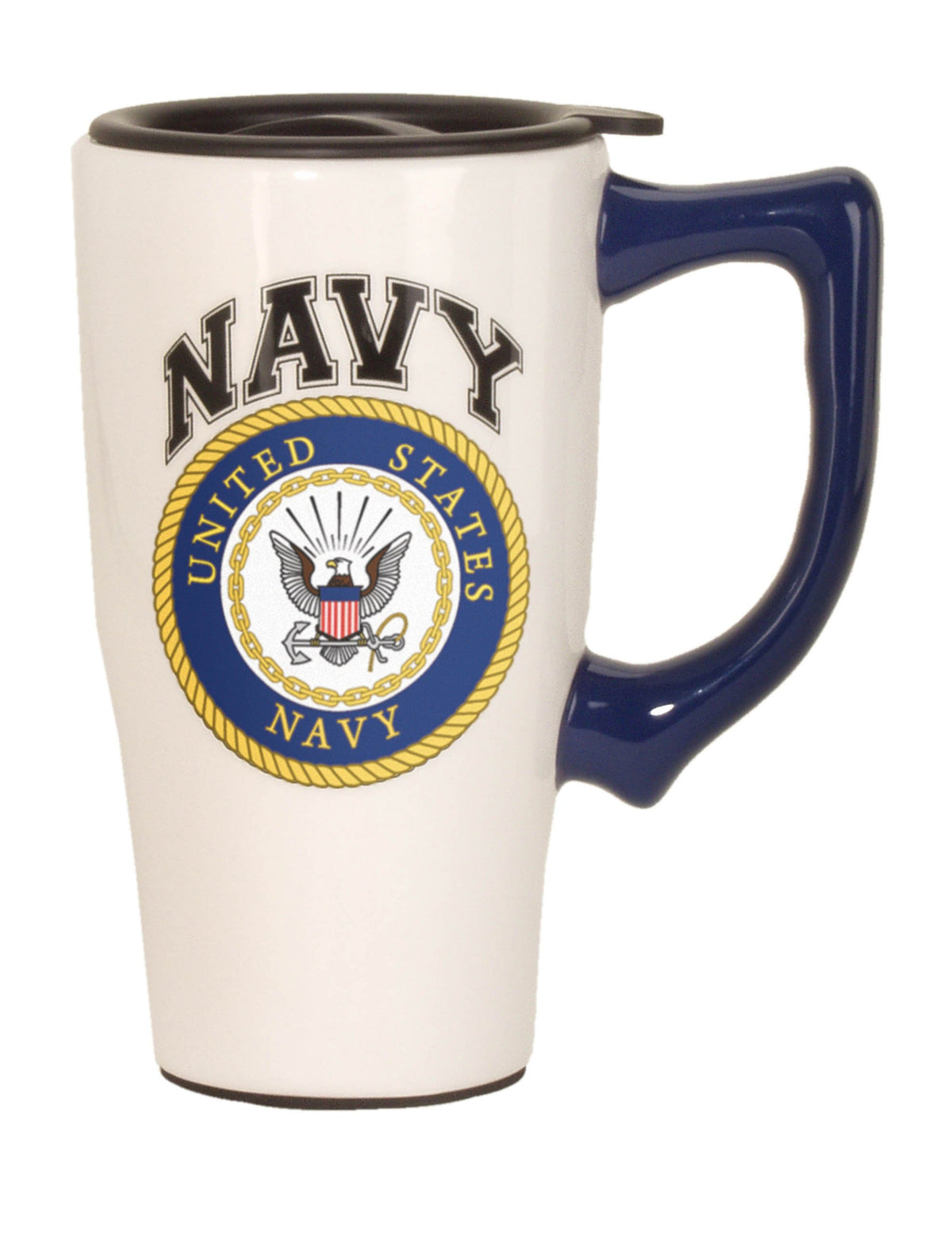 Spoontiques navy ceramic travel mug with locking lid for on-the-go use