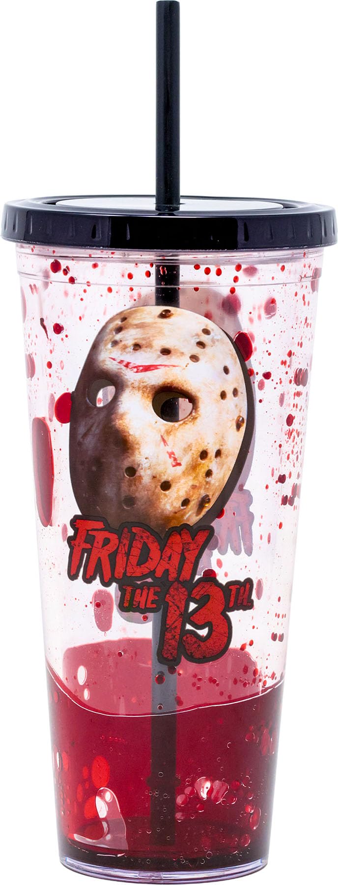 Spoontiques Friday the 13th tumbler with blood-filled walls, perfect for horror fans.