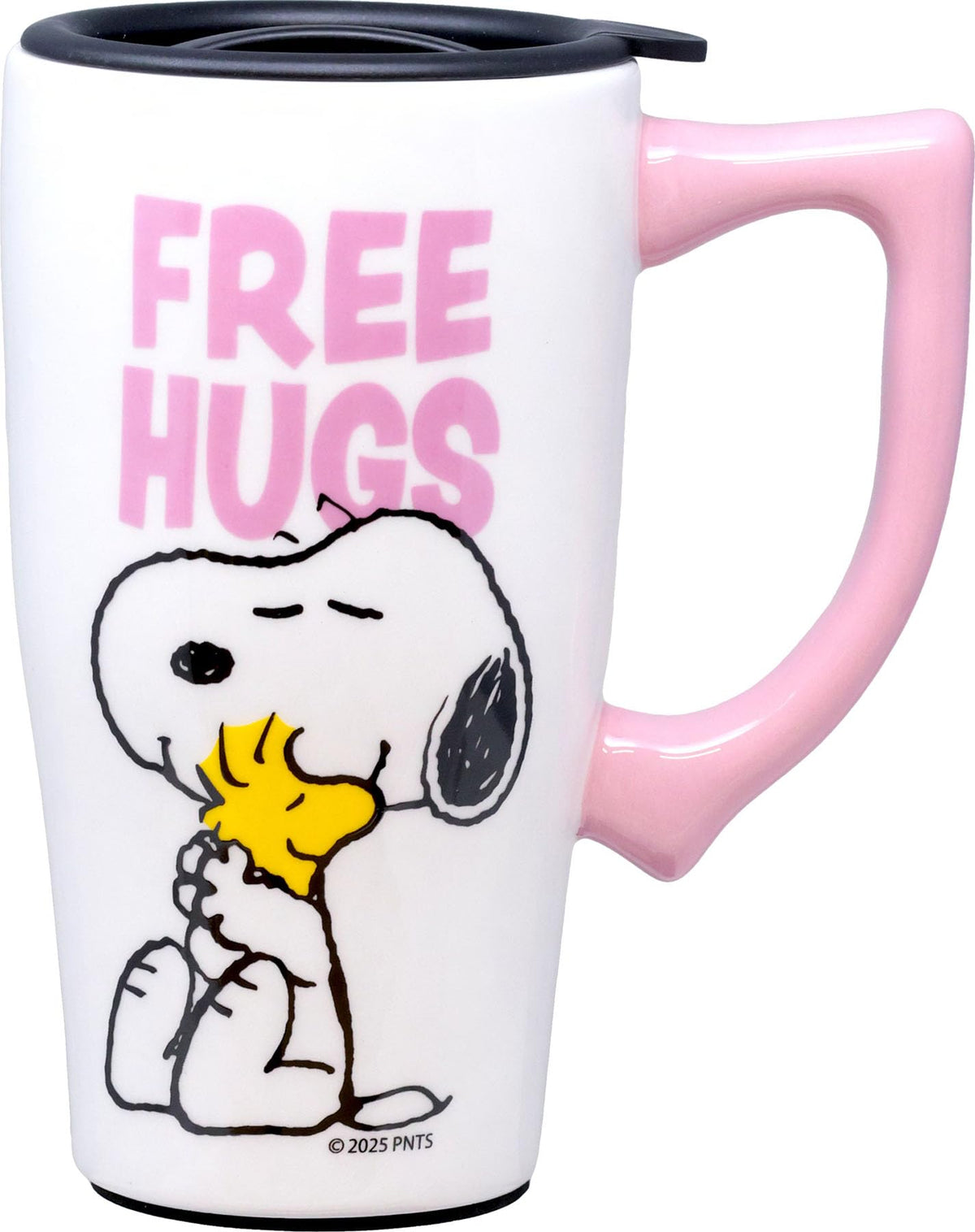 Spoontiques Snoopy Free Hugs ceramic travel mug with lid for hot or cold beverages on the go.