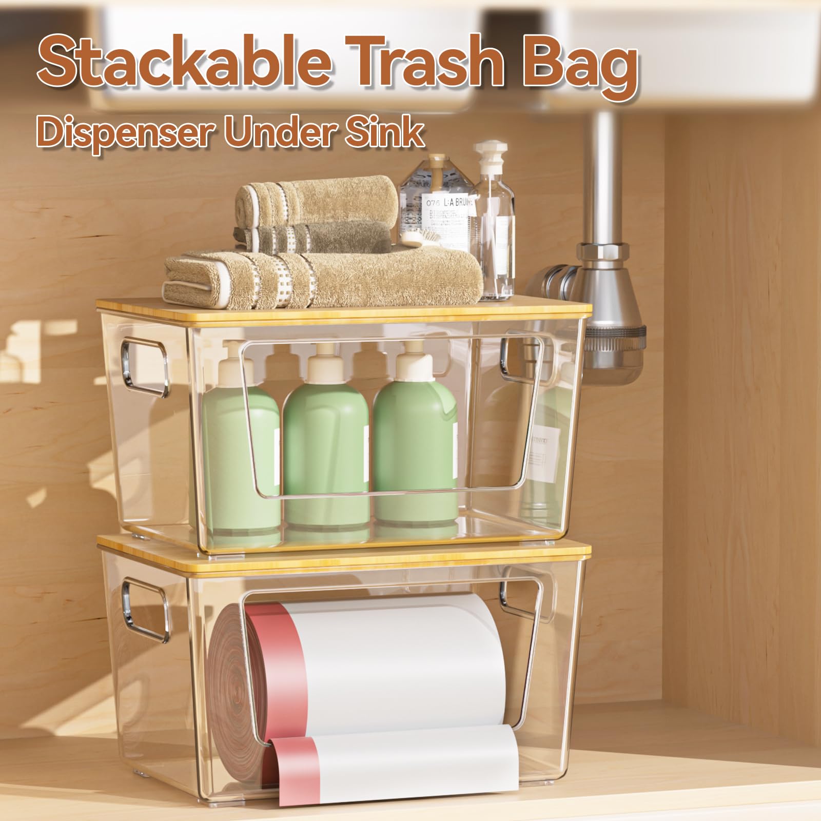 Spospo stackable trash bag dispenser with bamboo top saves vertical space.