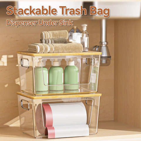 Spospo stackable trash bag dispenser with bamboo top saves vertical space.