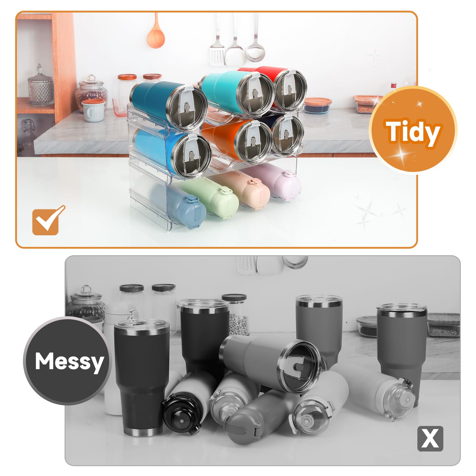 Spospo stackable water bottle organizer in cabinet demonstrates organized kitchen storage.