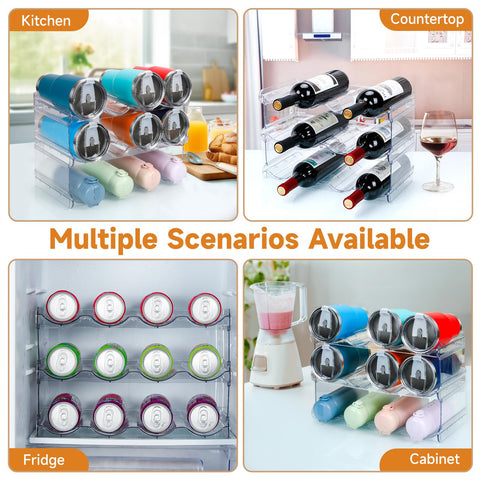 Spospo stackable water bottle organizer close-up shows secure grooves preventing rolling.
