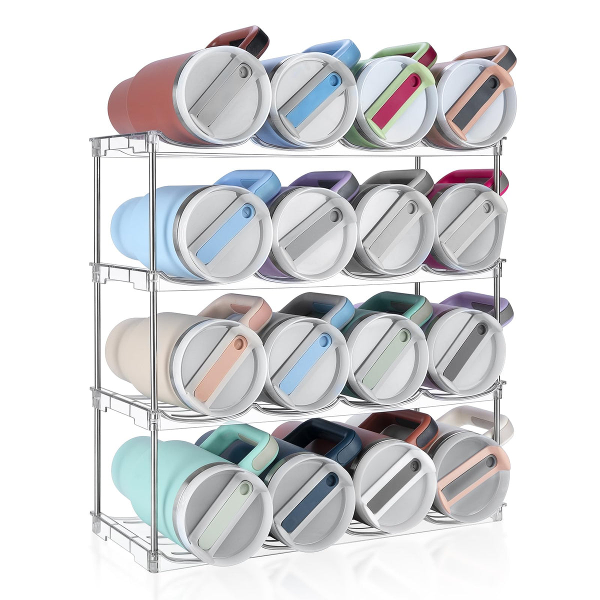 Spospo stackable bottle organizer showing large compartments for Stanley 40 oz bottles