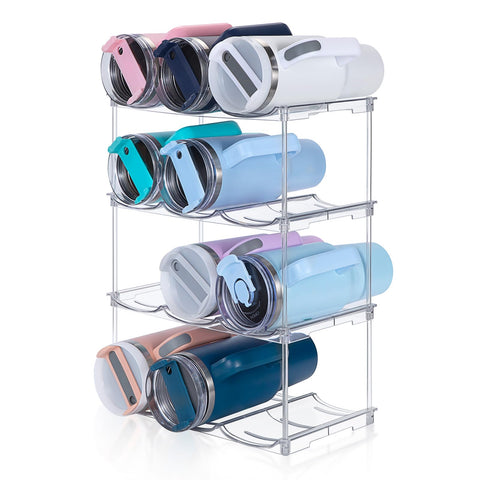 Spospo stackable organizer for Stanley 40 oz bottles keeps them neatly stored in a cabinet
