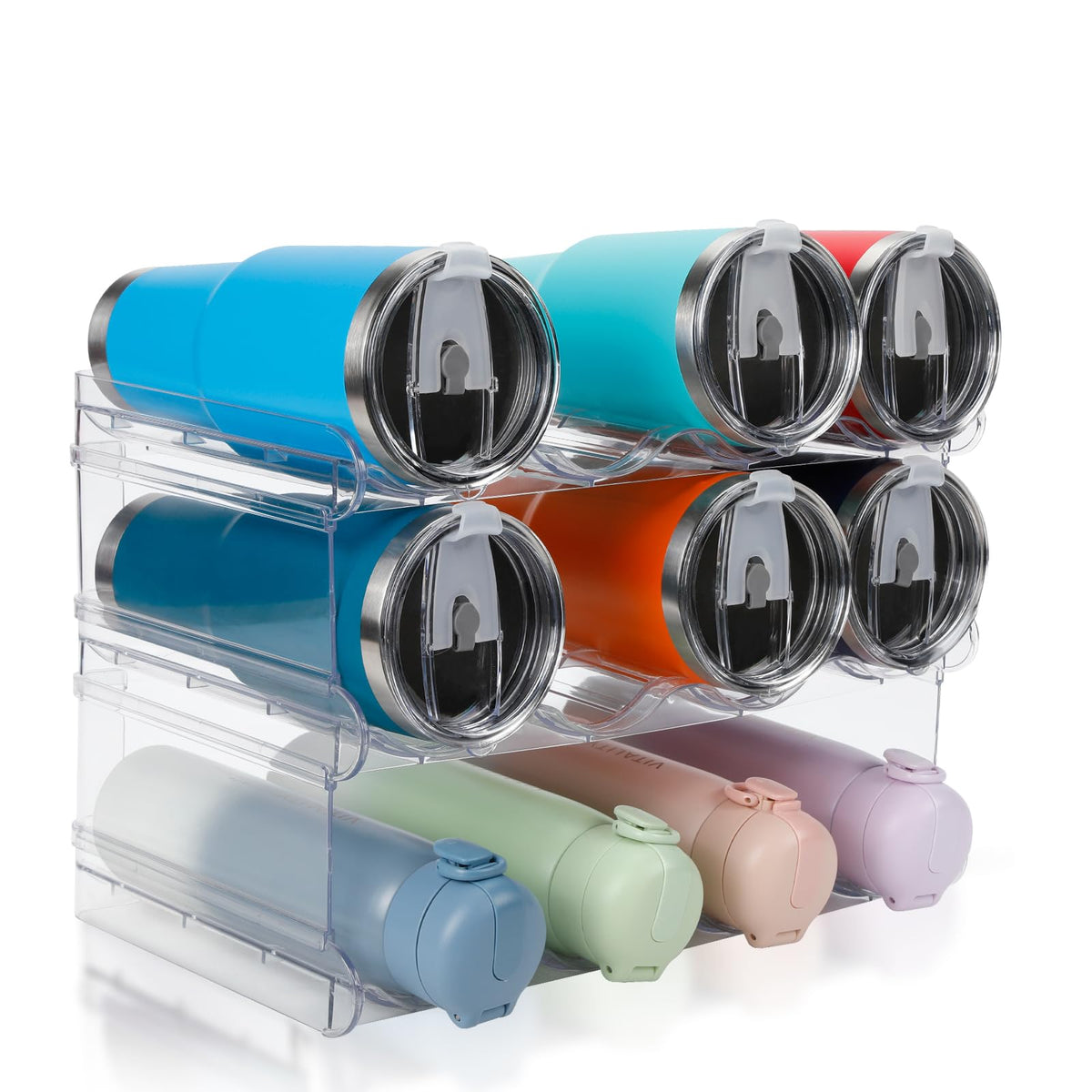 Spospo stackable water bottle organizer top view demonstrates space-saving design.