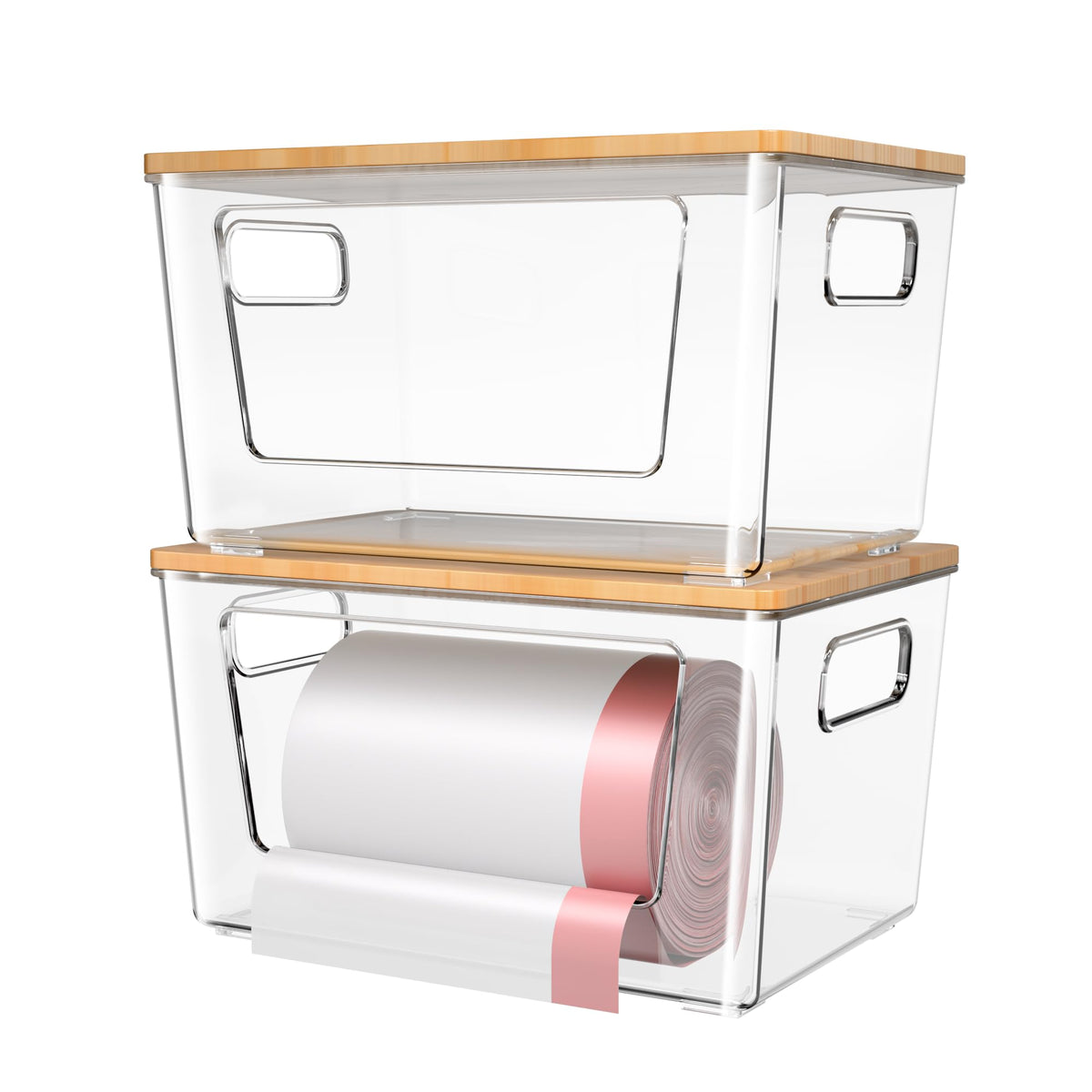 Spospo trash bag holder with bamboo lid keeps bags organized and ready to use.