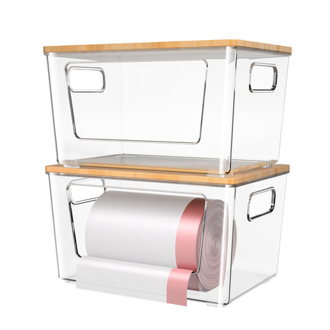 Spospo trash bag holder with bamboo lid keeps bags organized and ready to use.