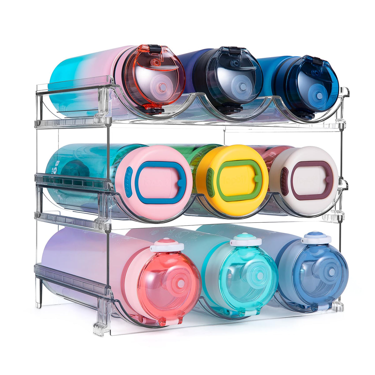 Spospo bottle organizer in cabinet keeping 3-pack bottles neatly arranged and accessible