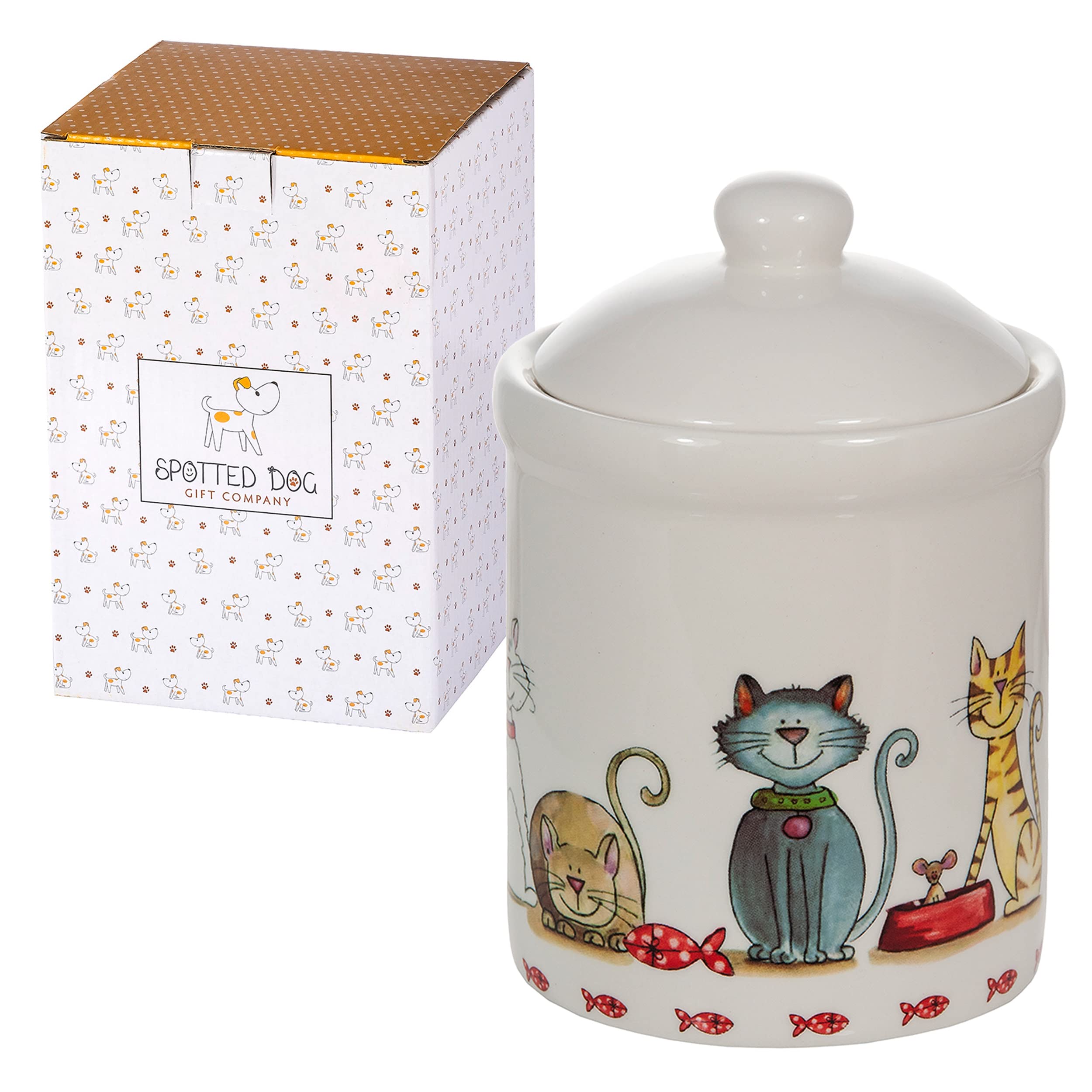 SPOTTED DOG GIFT COMPANY cat jar with lid; secure seal for freshness on the counter.