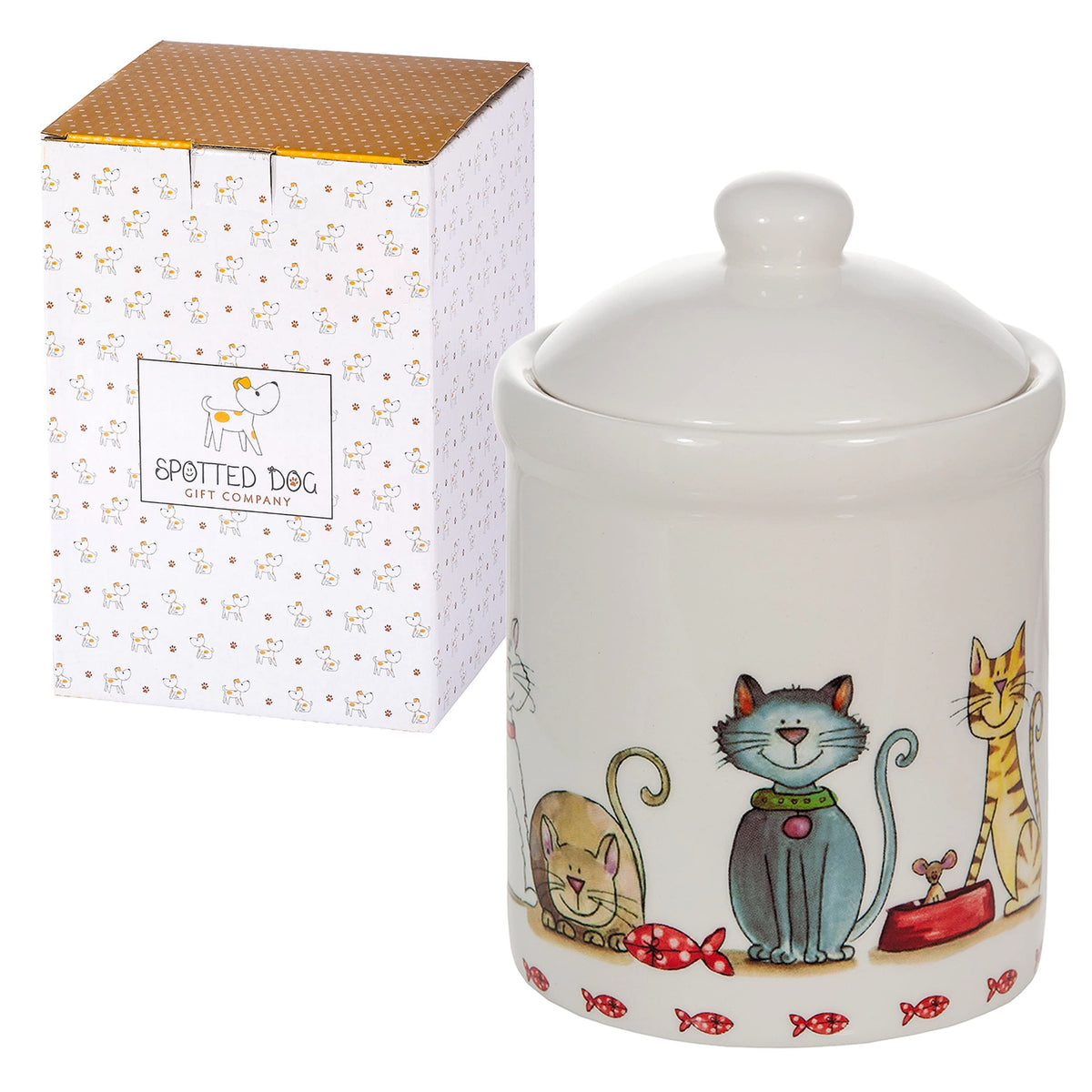 SPOTTED DOG GIFT COMPANY cat jar with lid; secure seal for freshness on the counter.