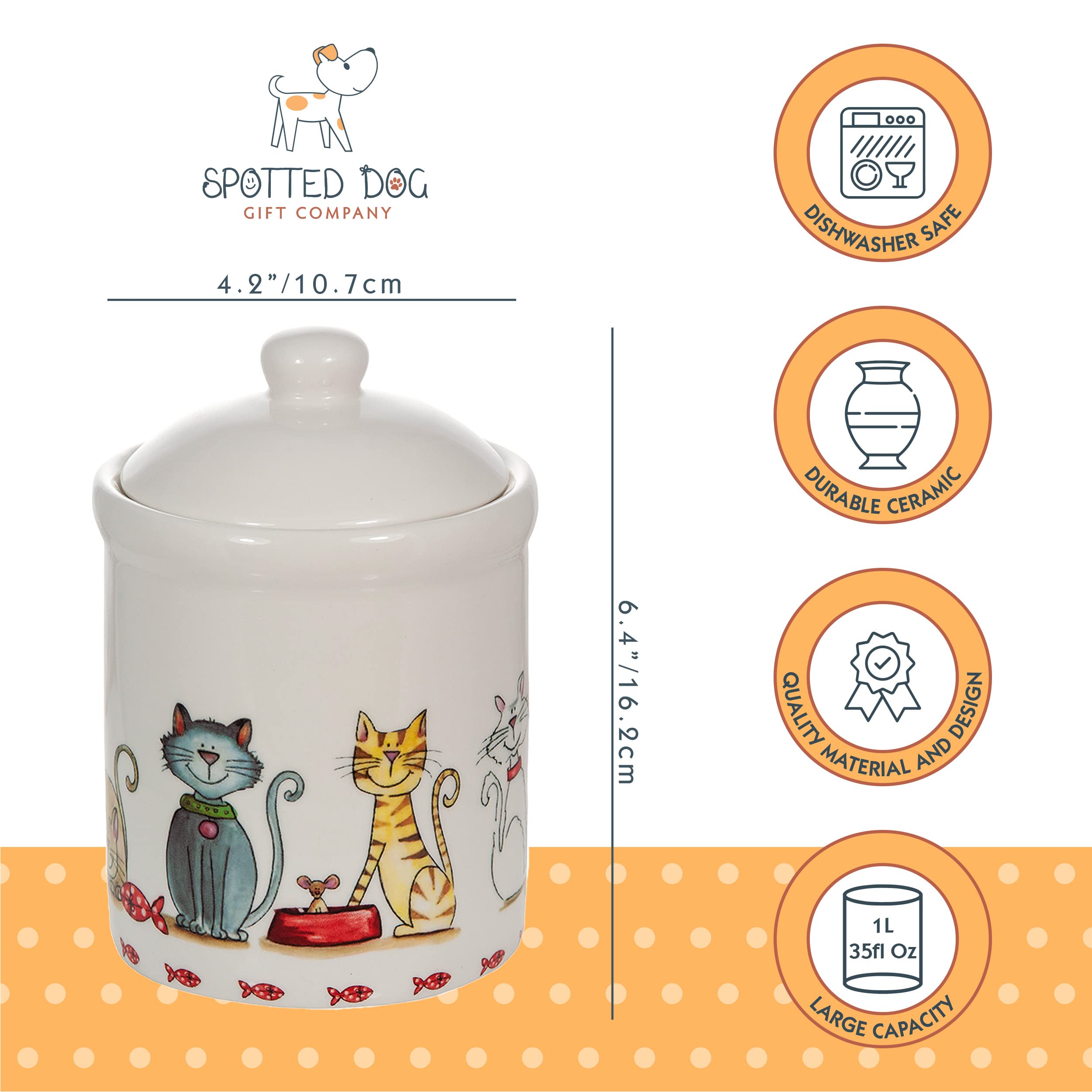 SPOTTED DOG GIFT COMPANY cat jar features cute white cat and mouse motif.