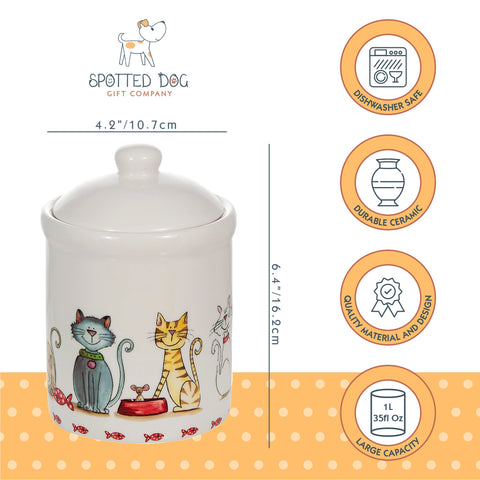 SPOTTED DOG GIFT COMPANY cat jar features cute white cat and mouse motif.