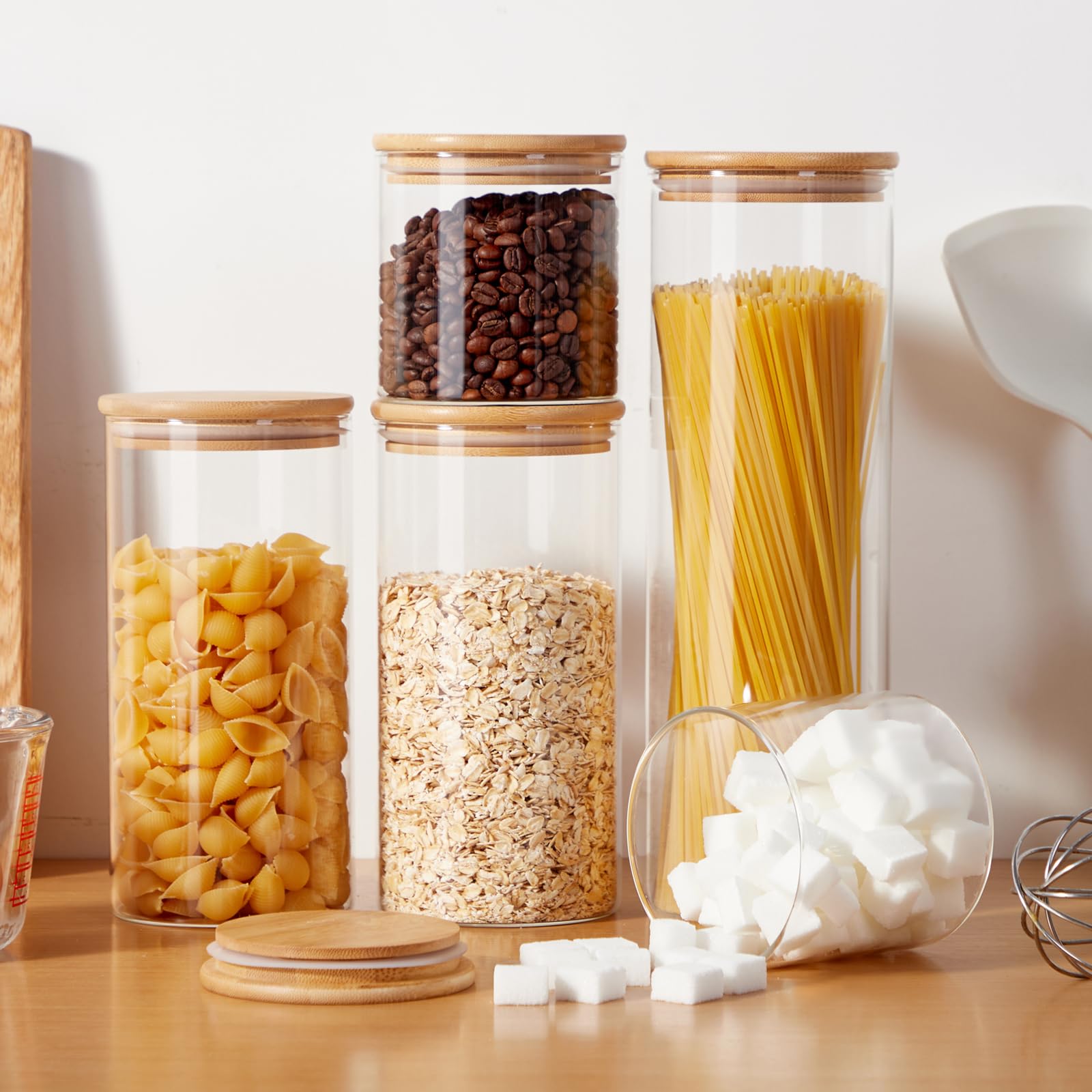 Pasta, flour, and cereals stored in Spreccio jars for easy meal prep.