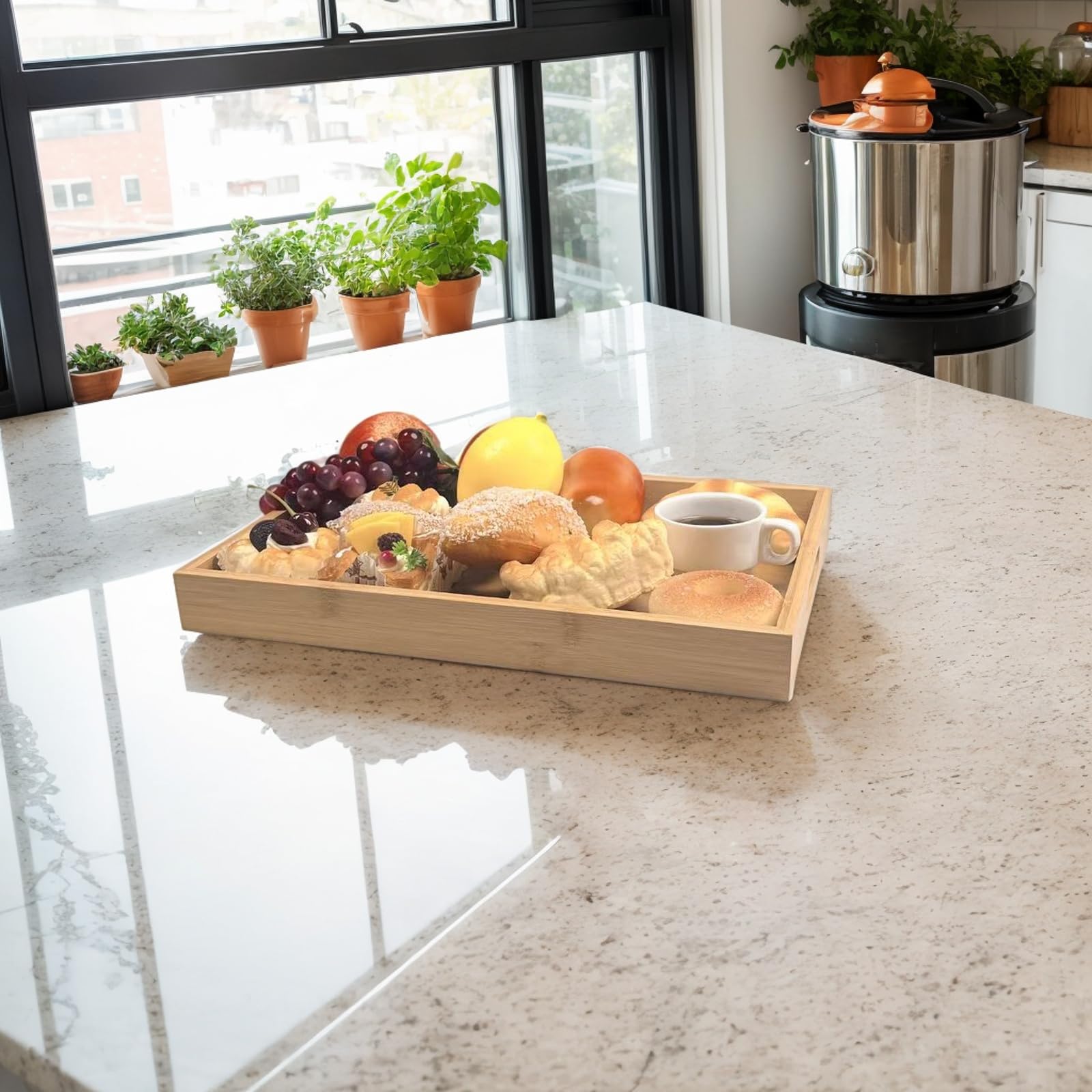 Sprieny party-serving tray suits beverages and appetizers stylishly.