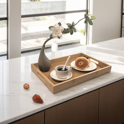 Sprieny smooth surface bamboo tray cleans quickly after meals.