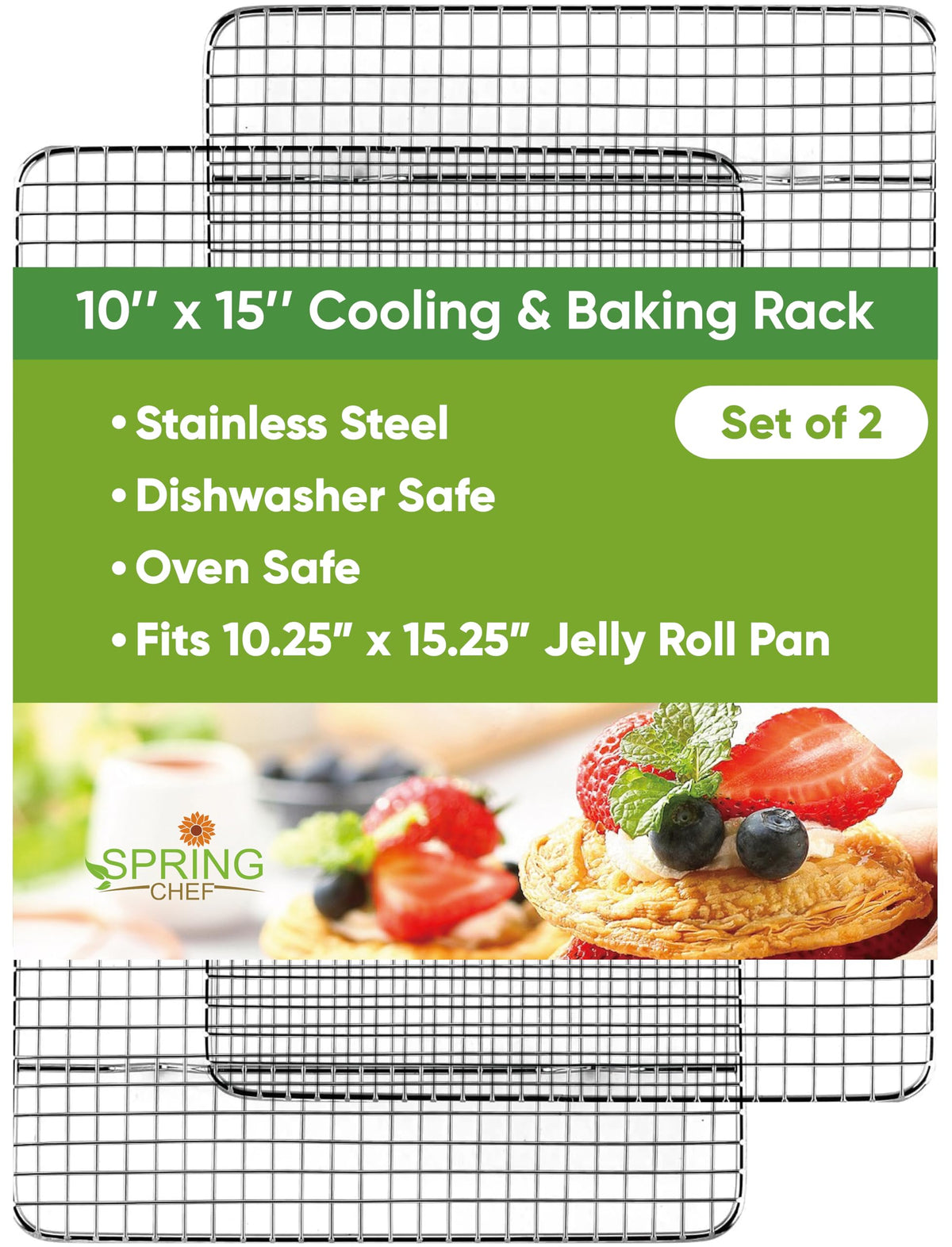 Spring Chef cooling rack on jelly roll pan showing air flow and stability