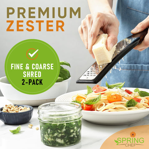 Spring Chef 2-piece zester set shows citrus zesting and cheese grating options.