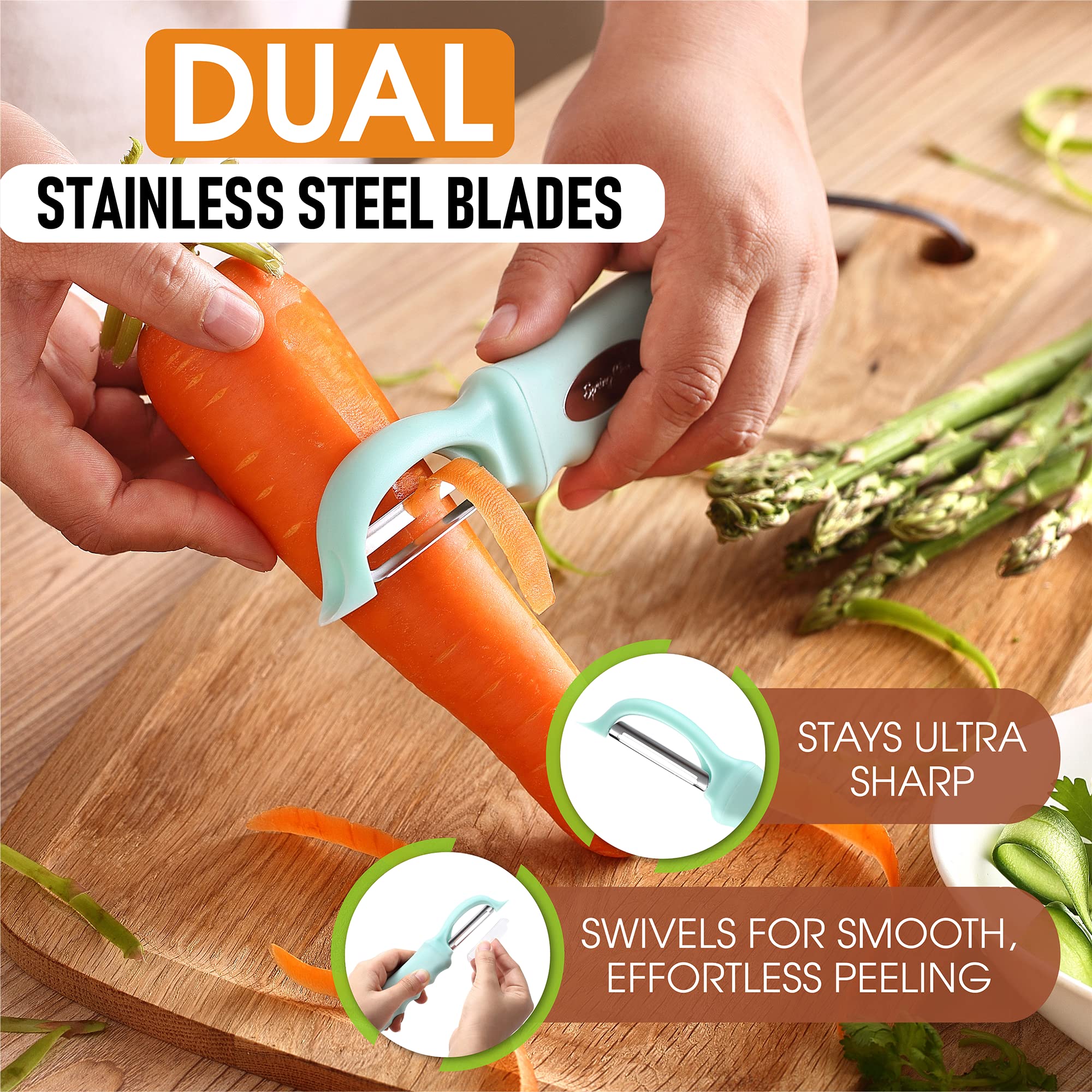 Built-in blemish remover on the Spring Chef peeler for quick trimming.