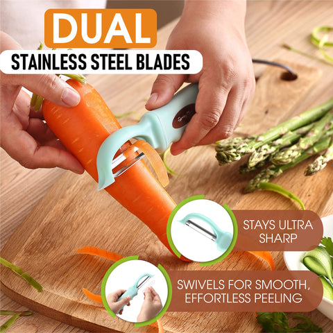 Built-in blemish remover on the Spring Chef peeler for quick trimming.